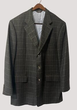 Paul Stuart Sport Coat Blazer Soft Alpaca & Wool Deep Olive Windowpane Plaid 46L